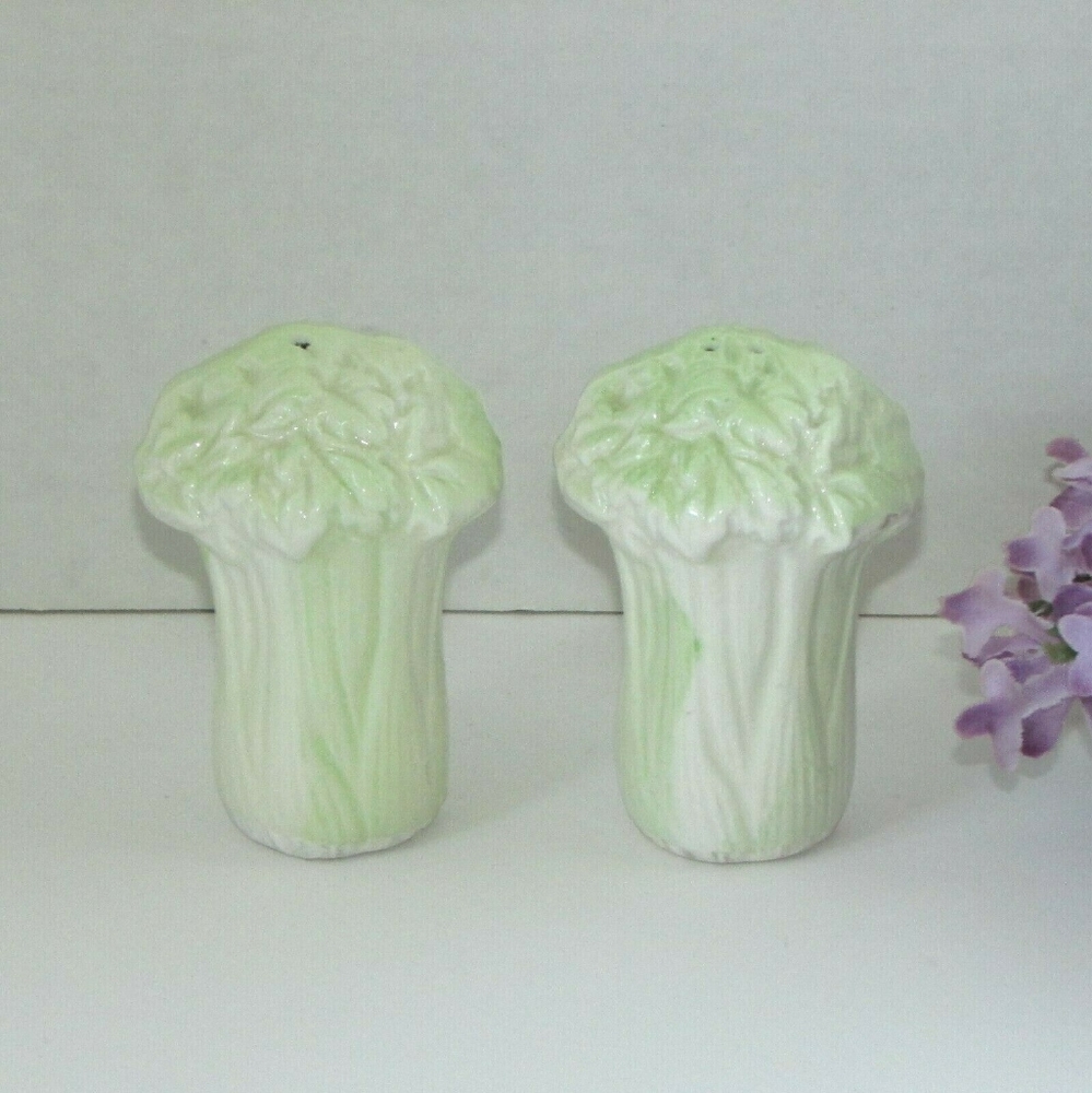 Vintage Salt & Pepper Shakers Celery 3" Green Ceramic Japan Farmhouse Kitchen
